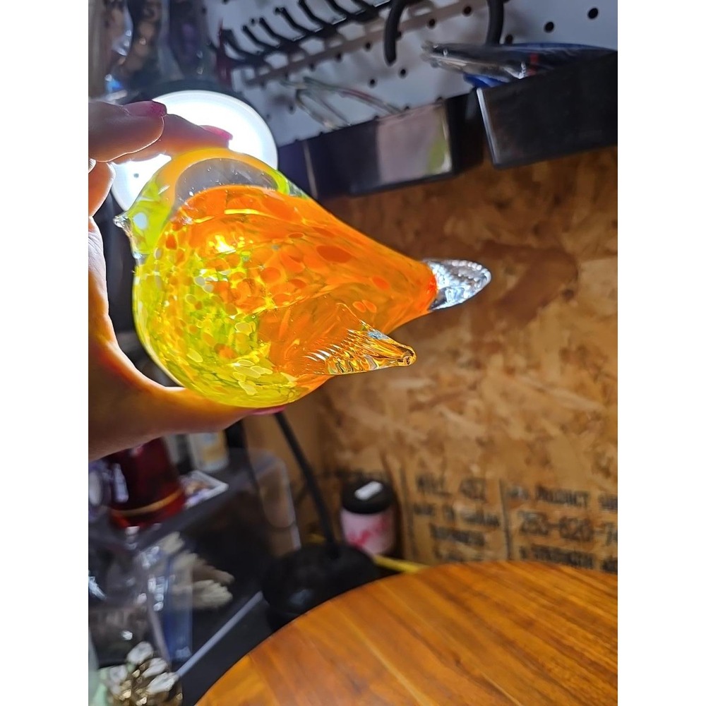 Vintage Hand Blown Art Glass Bird Paperweight Orange Yellow Speckled Figurine